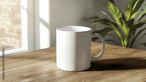 A clean white mug mockup set against a minimalistic wooden desk, with soft sunlight filtering in through the window in the background