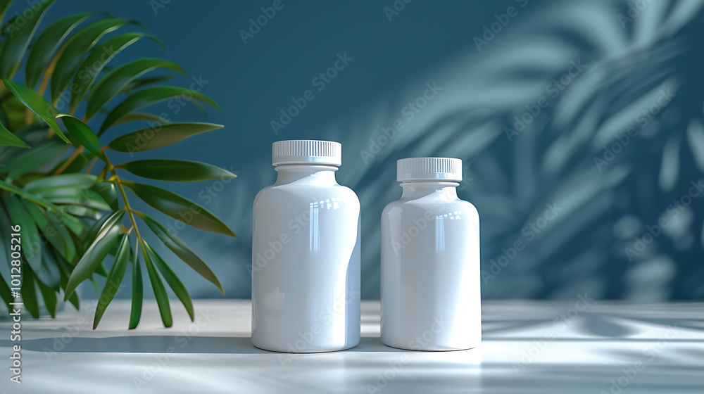 Two white pill bottles sit on a white surface with a leafy plant in the background. The bottles are a great product mockup. Two white pill bottles sit on a white surface with a leafy plant in the background. The bottles are a great product mockup.