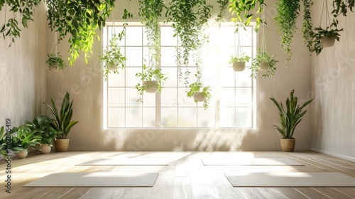 Bright and airy yoga studio with plants and sunlight, creating a peaceful environment for relaxation and meditation. photo