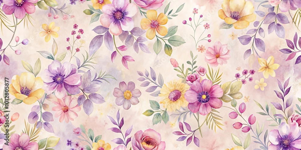 A Delicate Watercolor Bouquet Featuring Vibrant Purple, Yellow, and Pink Blossoms on a Softly Colored Background A Delicate Watercolor Bouquet Featuring Vibrant Purple, Yellow, and Pink Blossoms on a Softly Colored Background