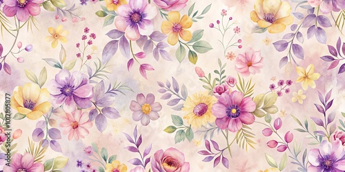 Wallpaper Mural A Delicate Watercolor Bouquet Featuring Vibrant Purple, Yellow, and Pink Blossoms on a Softly Colored Background Torontodigital.ca