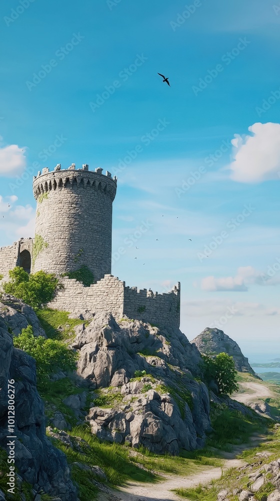 A majestic fortification atop rocky terrain under a clear blue sky during daylight hours A majestic fortification atop rocky terrain under a clear blue sky during daylight hours