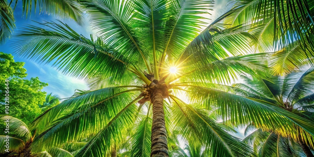 Obraz premium Sunlight filtering through lush palm fronds creates a radiant canopy overhead, casting a warm glow on the tropical landscape.