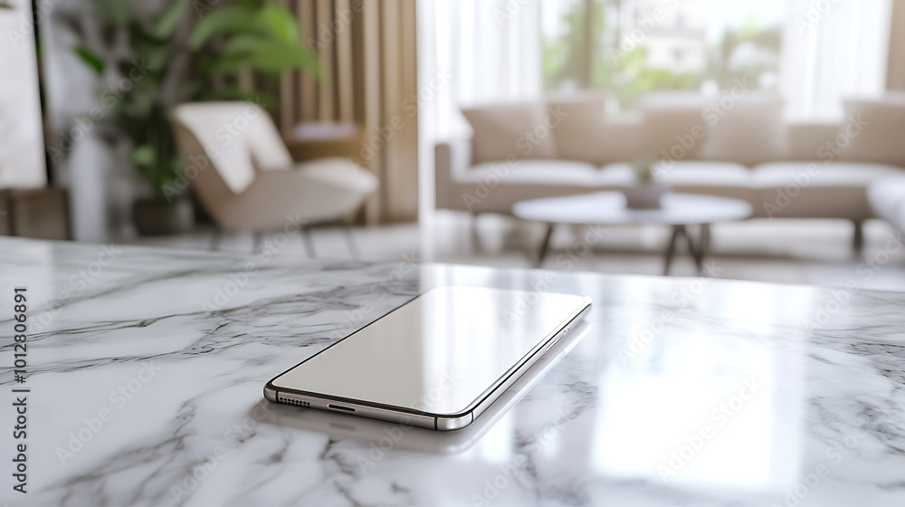 A smartphone mockup lying on a stylish marble countertop of a cozy living room scene A smartphone mockup lying on a stylish marble countertop of a cozy living room scene