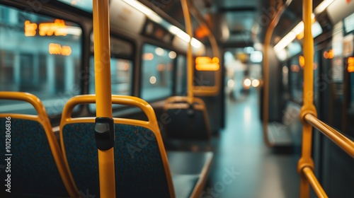 Empty bus interior with yellow poles and soft lighting photo