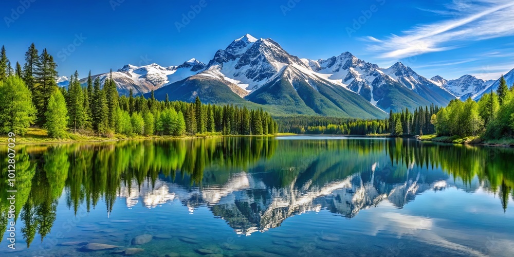 A tranquil mountain lake mirroring the majestic snowy peaks and verdant forest under a clear blue sky A tranquil mountain lake mirroring the majestic snowy peaks and verdant forest under a clear blue sky