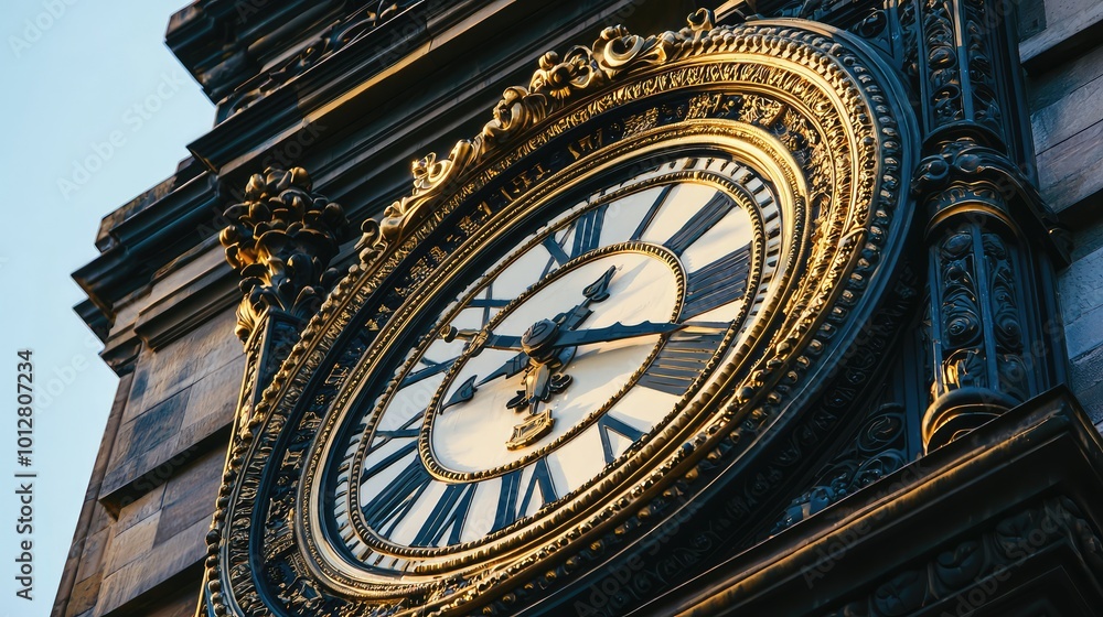 Close-up view of an ornate clock face with intricate details and classic design, showcasing craftsmanship and elegance in architecture. Close-up view of an ornate clock face with intricate details and classic design, showcasing craftsmanship and elegance in architecture.