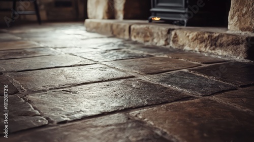 Close-up view of a rustic stone floor, highlighting its texture and natural colors, perfect for cozy home interior settings.