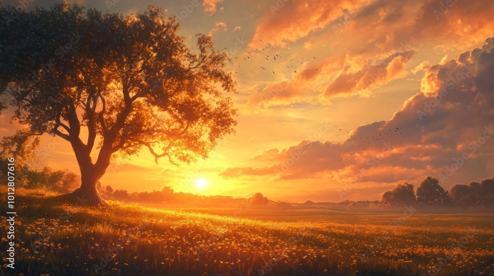 Sunset Over a Field with a Single Tree Sunset Over a Field with a Single Tree