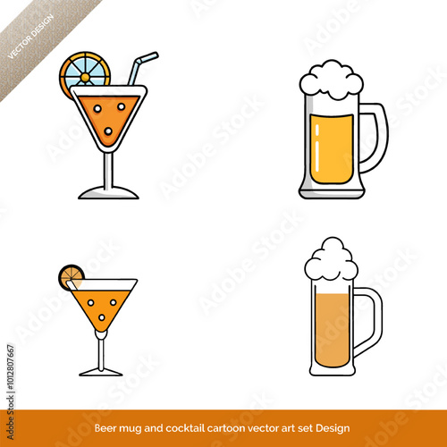 Beer Mug and Cocktail  Cartoon Vector Art Set Design