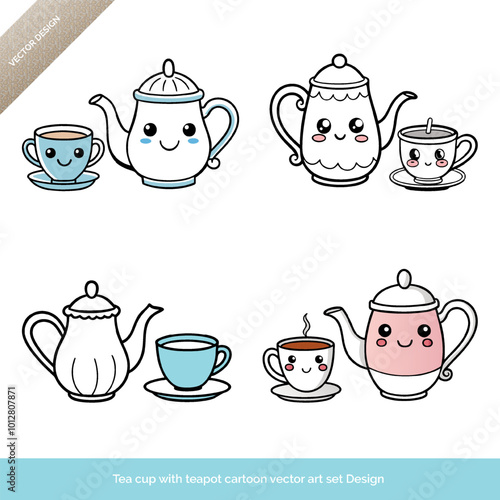 Tea Cup with Teapot  Cartoon Vector Art Set Design