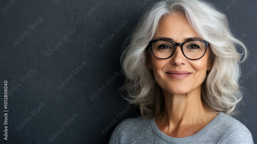 Isolated shot of a smiling middle-aged woman with glasses, her kind expression exuding confidence and approachability. The grey background offers ample copy space for text. Isolated shot of a smiling middle-aged woman with glasses, her kind expression exuding confidence and approachability. The grey background offers ample copy space for text.