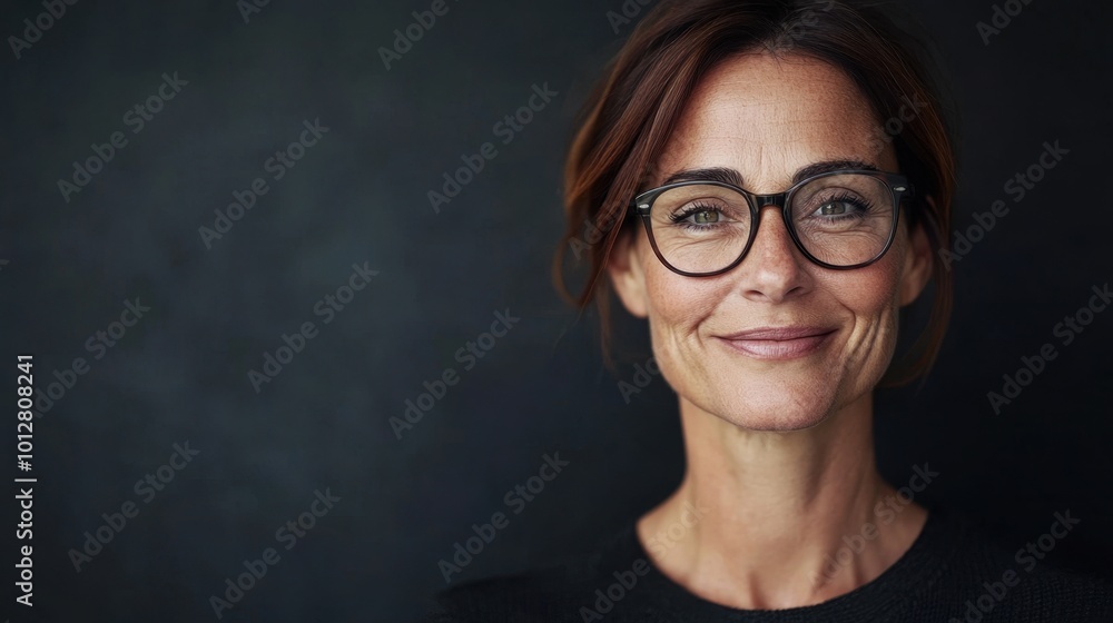 Isolated shot of a smiling middle-aged woman with glasses, her kind expression exuding confidence and approachability. The grey background offers ample copy space for text. Isolated shot of a smiling middle-aged woman with glasses, her kind expression exuding confidence and approachability. The grey background offers ample copy space for text.