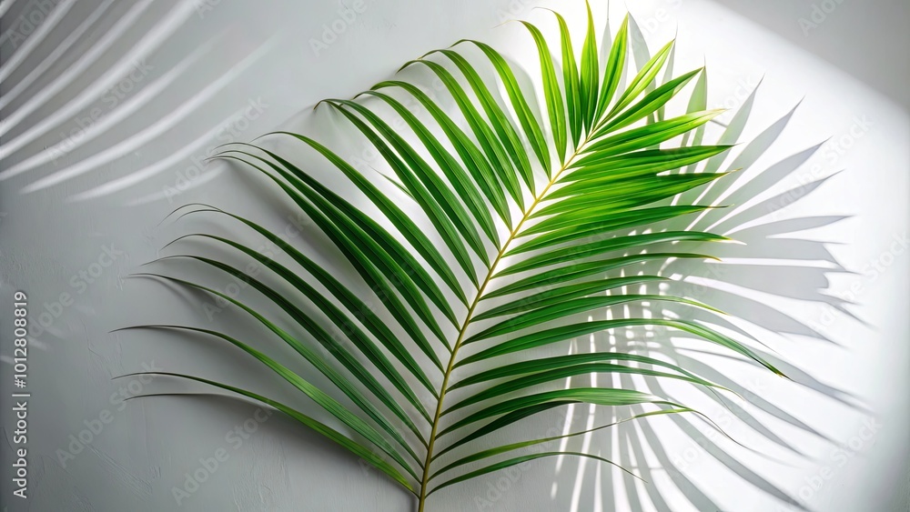 Fototapeta premium A Single Palm Frond Casts a Shadow on a White Surface, Creating an Abstract Pattern of Light and Dark