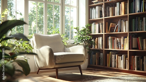 Cozy reading corner with a white chair, surrounded by bookshelves and lush greenery, perfect for relaxation and inspiration.