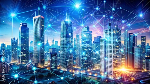 A futuristic cityscape illuminated by a network of glowing lines, representing interconnectedness and digital progress.