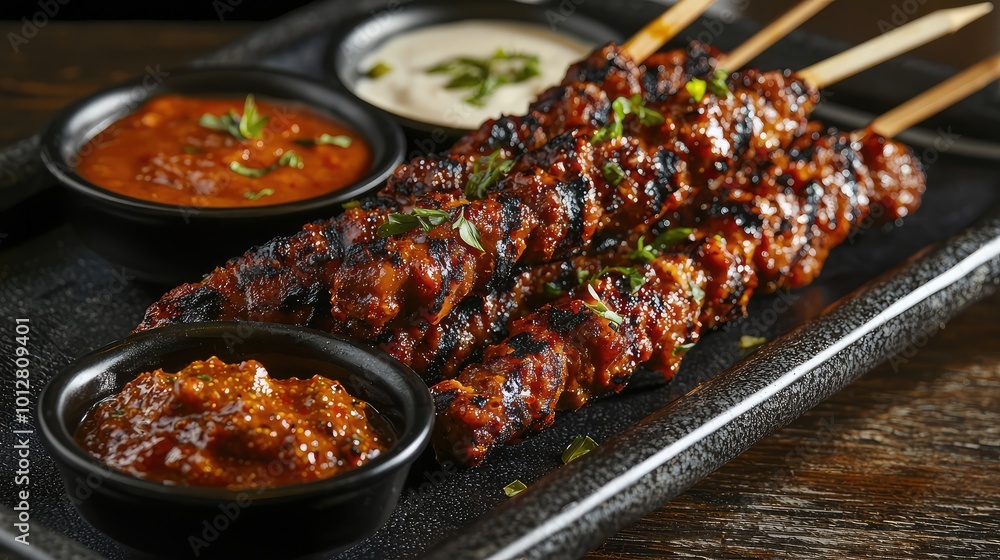 Delicious grilled kebabs served with spicy sauces and creamy dip on a rustic platter, perfect for food lovers. Delicious grilled kebabs served with spicy sauces and creamy dip on a rustic platter, perfect for food lovers.