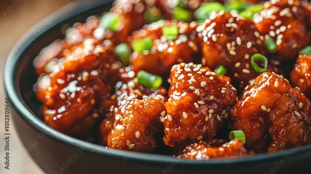 Delicious sesame chicken served in a black bowl, garnished with green onions and a rich, glossy sauce. Delicious sesame chicken served in a black bowl, garnished with green onions and a rich, glossy sauce.