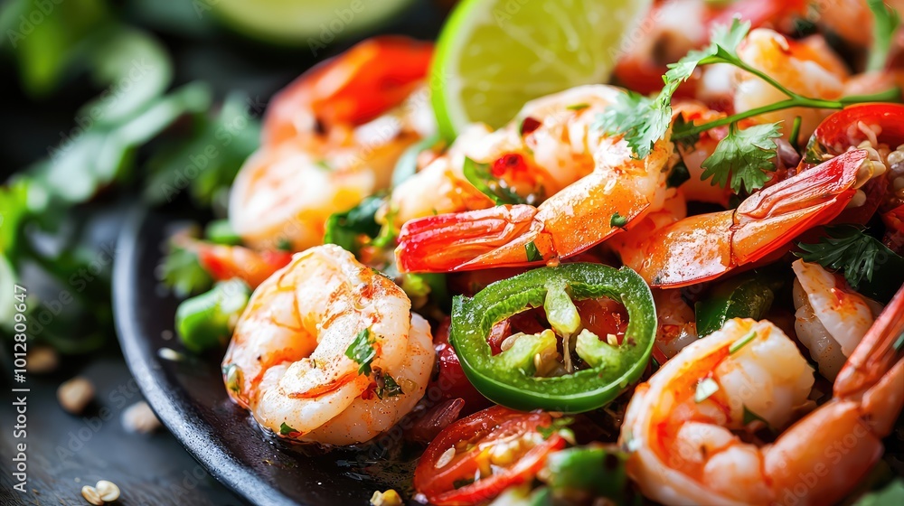 Delicious shrimp dish with lime, cilantro, and jalapeno, garnished for a vibrant, flavorful presentation. Delicious shrimp dish with lime, cilantro, and jalapeno, garnished for a vibrant, flavorful presentation.