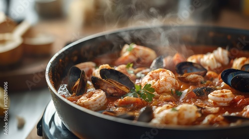 Delicious seafood dish simmering in a rich tomato sauce, garnished with herbs. Perfect for culinary delights and food photography.