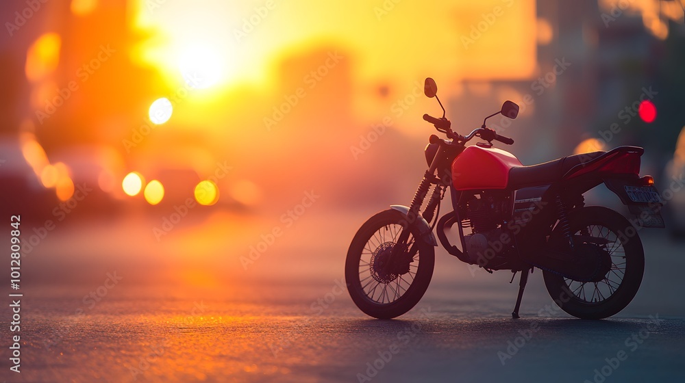 Fototapeta premium A motorcycle parked on the right side of the road during sunset, with a blurred background creating a peaceful atmosphere