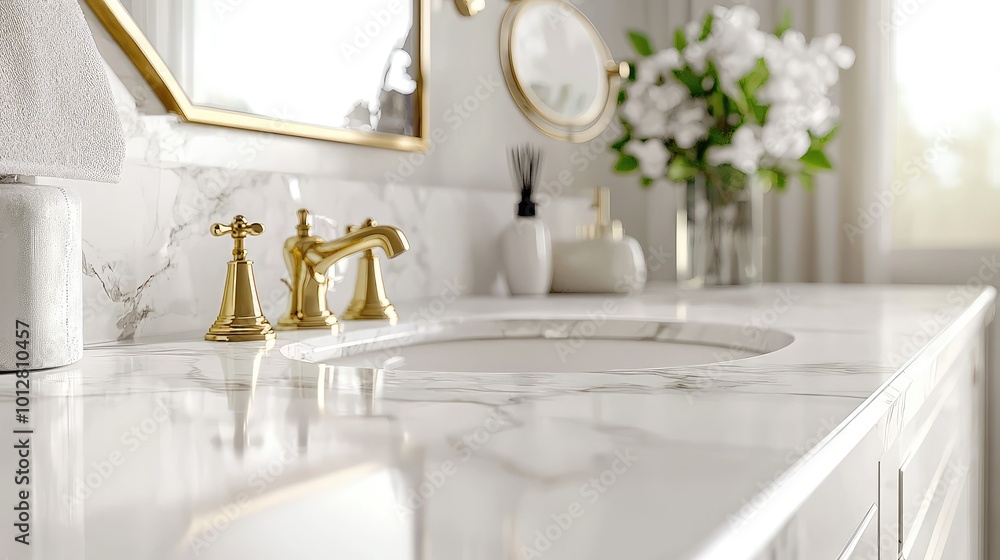 Elegant bathroom countertop featuring a marble design, golden fixtures, and beautiful floral decor for a luxurious ambiance. Elegant bathroom countertop featuring a marble design, golden fixtures, and beautiful floral decor for a luxurious ambiance.