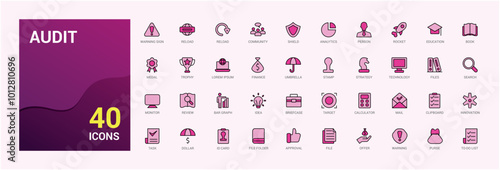 Audit colorful icons set. Audit and business color icon collection, line symbol for web and ui. Vector illustration. Icon names are written in English.