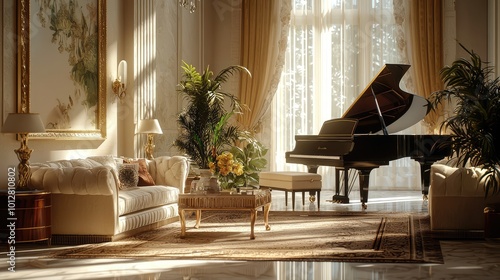 Elegant living room featuring a grand piano, luxurious furniture, and natural light highlighting beautiful decor. photo