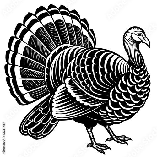 Turkey silhouette with a fanned-out tail, head held high, and feathers detailed on the wings.