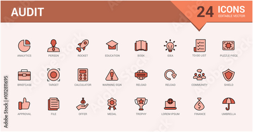 Audit colorful icons set. Audit and business color icon collection, line symbol for web and ui. Vector illustration. Icon names are written in English.