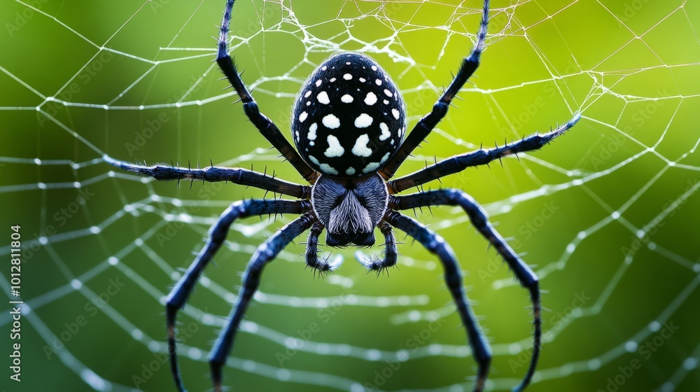 Close-Up of a Black Spider with White Spots on Intricate Web in Blurred Background Close-Up of a Black Spider with White Spots on Intricate Web in Blurred Background
