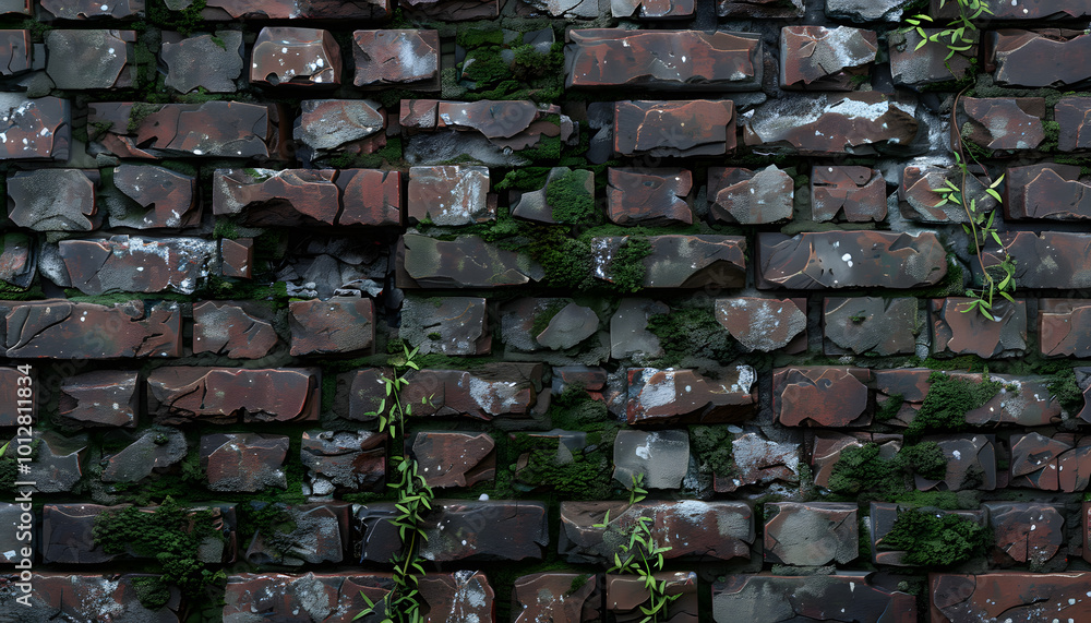 An aged, textured brick wall with creeping greenery, showcasing a rich palette of dark reds and earthy tones. An aged, textured brick wall with creeping greenery, showcasing a rich palette of dark reds and earthy tones.