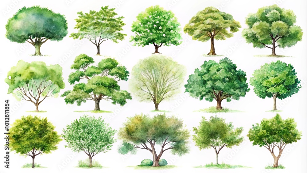 Fototapeta premium A Collection of Watercolor Rendered Tree Silhouettes, Each Depicting Unique Branching Patterns and Foliage Textures