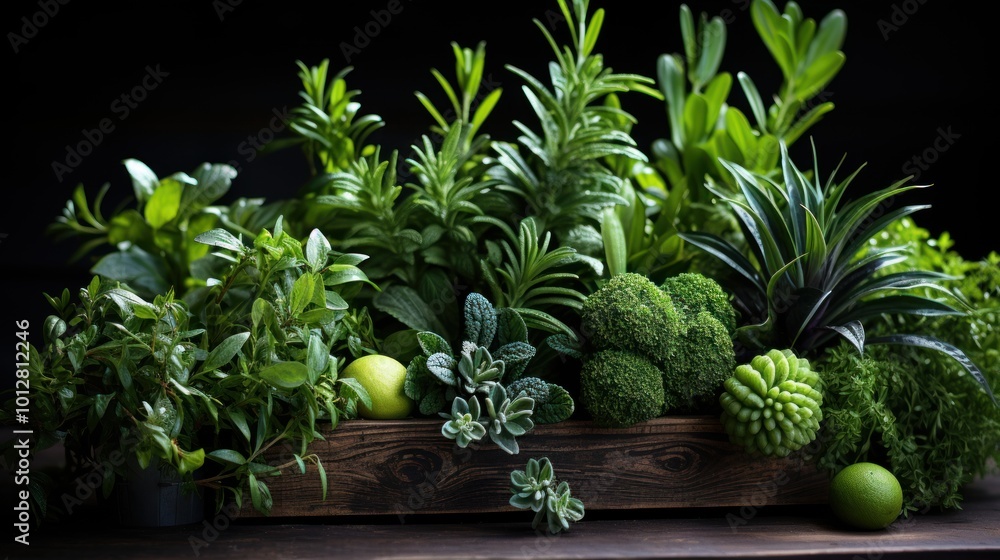 Fototapeta premium A Variety of Green Plants in a Wooden Box