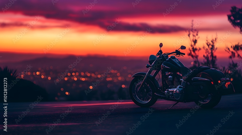 A motorcycle parked on the right side of the road during sunset, with a blurred background creating a peaceful atmosphere A motorcycle parked on the right side of the road during sunset, with a blurred background creating a peaceful atmosphere
