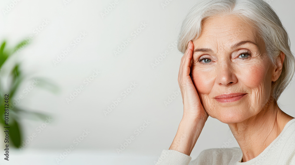 Portrait of a thoughtful older woman with gray hair smiling gently while resting her hand on her face in a bright setting Portrait of a thoughtful older woman with gray hair smiling gently while resting her hand on her face in a bright setting
