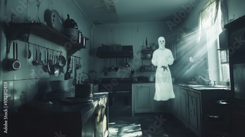 Haunting image of a ghostly figure in a vintage kitchen, illuminated by soft rays of light, invoking an eerie atmosphere. photo