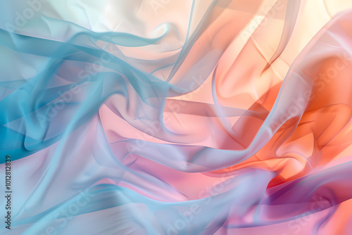 Soft and flowing silk fabric in pastel shades of blue, pink, and peach creates a dreamy and ethereal atmosphere.