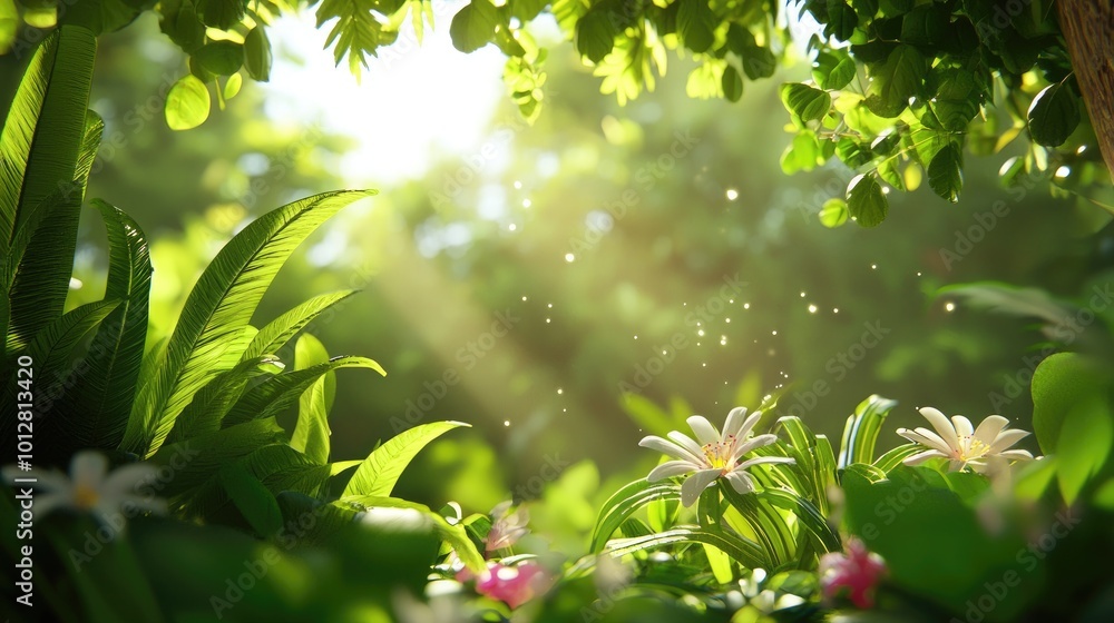 Fototapeta premium Vibrant Lush Garden with Sunlight and Blossoms