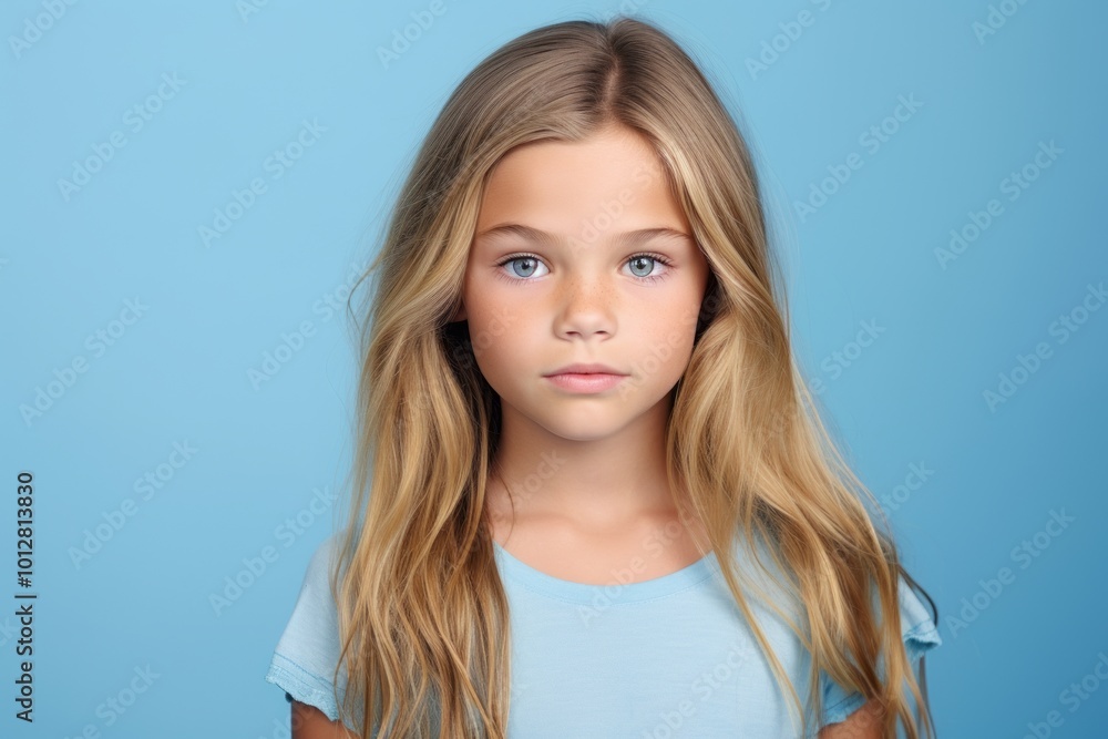 Portrait of a cute little girl with long blond hair on a blue background. Portrait of a cute little girl with long blond hair on a blue background.