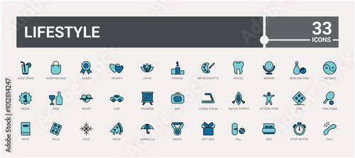 Colorful lifestyle icon set. Related to healthy lifestyle, diet, exercise, sleep. Outline color icons Collection. Vector illustration. Icon names are written in English.