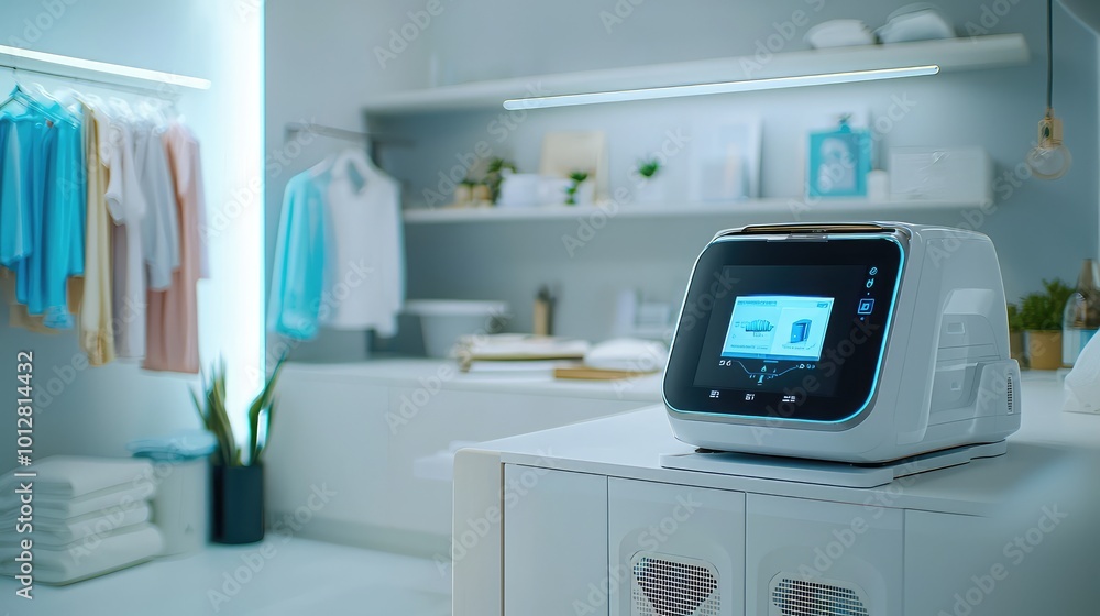 Modern laundry room featuring a high-tech appliance with digital display, neatly arranged clothes and clean decor. Modern laundry room featuring a high-tech appliance with digital display, neatly arranged clothes and clean decor.
