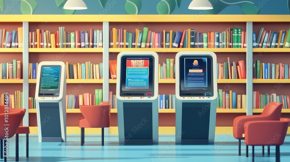 Modern library with self-service kiosks and bookshelves, offering a blend of technology and traditional reading spaces.