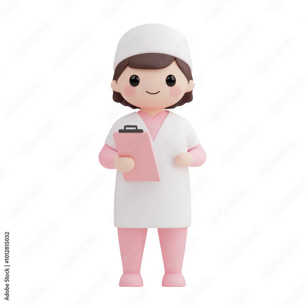 3D cartoon character illustration of nurse in pink and white attire holding a clipboard. Cheerful expression, ideal for medical or healthcare-related themes. Isolated on transparent background, png. 3D cartoon character illustration of nurse in pink and white attire holding a clipboard. Cheerful expression, ideal for medical or healthcare-related themes. Isolated on transparent background, png.