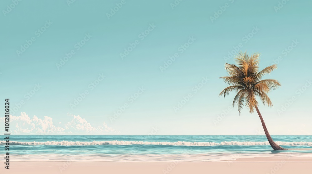 Obraz premium Serene beach scene with a solitary palm tree overlooking turquoise waves and clear skies, perfect for relaxation and tropical vibes.