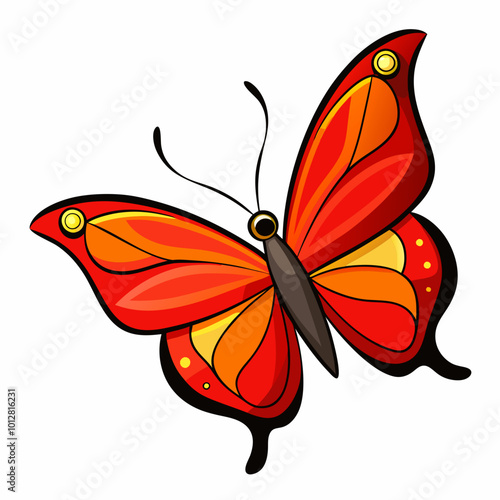 Generate a highly detailed, realistic butterfly with bright red and orange wings, featuring intricate black and white patterns along the edges. Red beauty butterfly insect icon