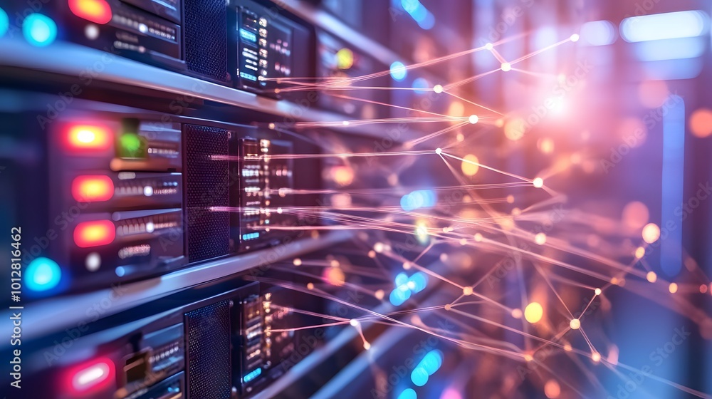 Naklejka premium A network of servers and data centers interconnected with fiber optic cables, symbolizing cloud computing technology and data storage