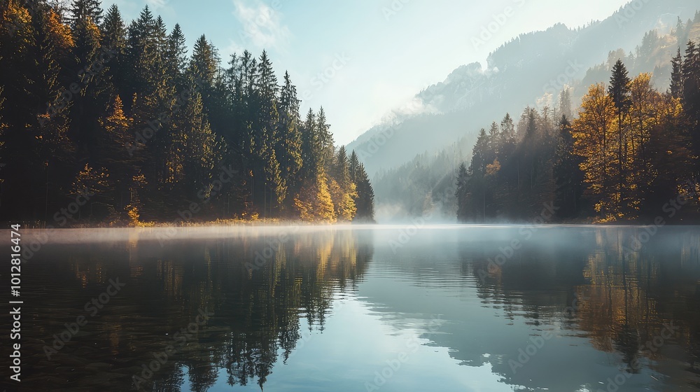 Fototapeta premium Serene landscape showcasing a tranquil lake surrounded by lush trees and misty mountains under a soft morning light.