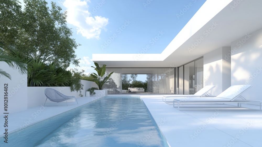 Minimalist Modern White Villa with Pool and Spacious Terrace, Surrounded by Lush Greenery and Clear Blue Sky Minimalist Modern White Villa with Pool and Spacious Terrace, Surrounded by Lush Greenery and Clear Blue Sky