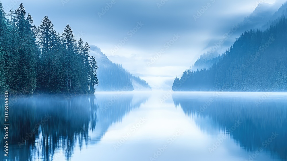 Serene view of a misty lake surrounded by lush trees and mountains, creating a tranquil atmosphere in soft blue tones.